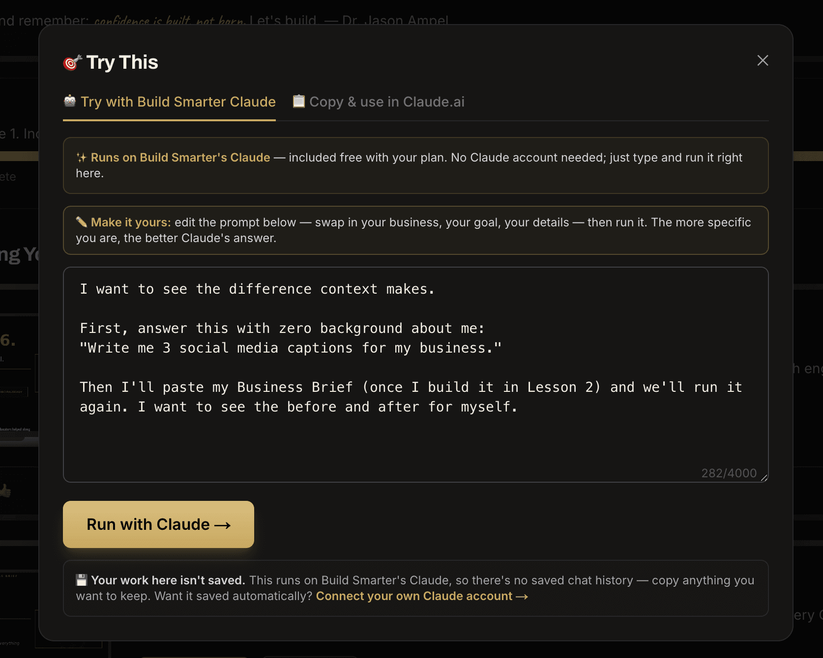 The Try This popup running a prompt on Build Smarter's Claude